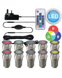 Set of 10 - 15mm Stainless Steel IP67 RGB Colour Changing LED Plinth Decking Kit