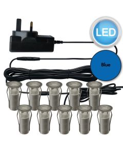 Set of 10 - 15mm Stainless Steel IP67 Blue LED Plinth Decking Kit