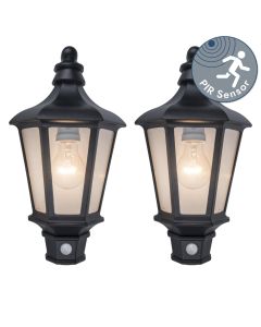 Set of 2 Cotswold PIR - Black Clear Glass IP44 Outdoor Sensor Wall Lights