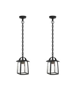 Set of 2 Kelsey - Black Clear Glass IP44 Outdoor Ceiling Pendant Lights