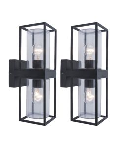 Set of 2 Flair - Black Clear Glass 2 Light IP44 Outdoor Wall Lights