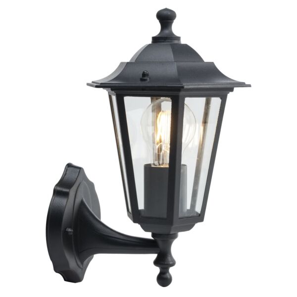 Eversham - Black with Clear Glass Six Sided Lantern IP44 Outdoor Wall Light