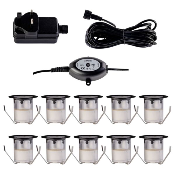 Set of 10 - 30mm Black IP67 Warm White LED Decking Kit Photocell