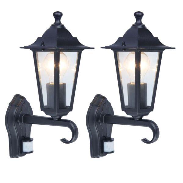 Set of 2 Corniche - Black Lantern Style Outdoor Sensor Wall Lights