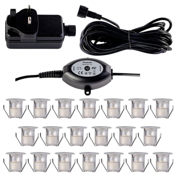 Set of 20 - 30mm IP67 Warm White LED Decking Kit with Photocell