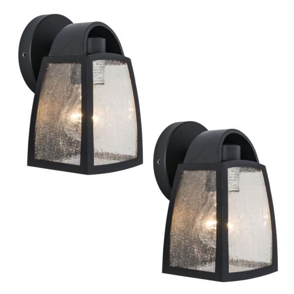 Set of 2 Kelsey - 40W Black Clear Seeded Glass IP44 Outdoor Wall Lights