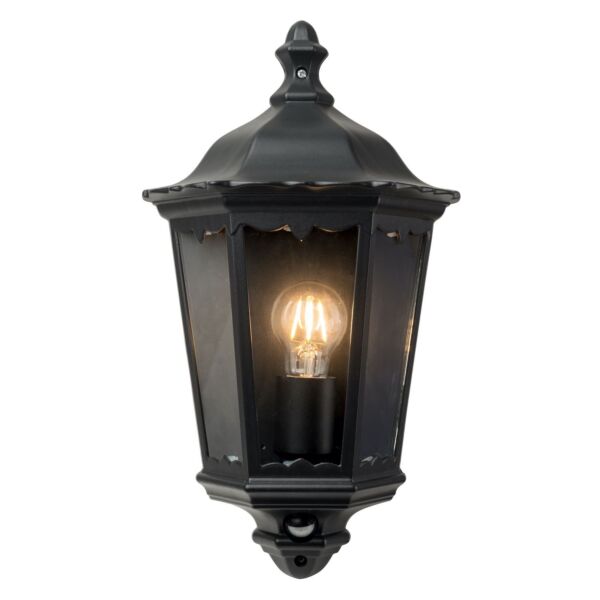 Sienna - Black with Clear Glass IP44 Outdoor Half Lantern Wall Light with PIR Motion Sensor