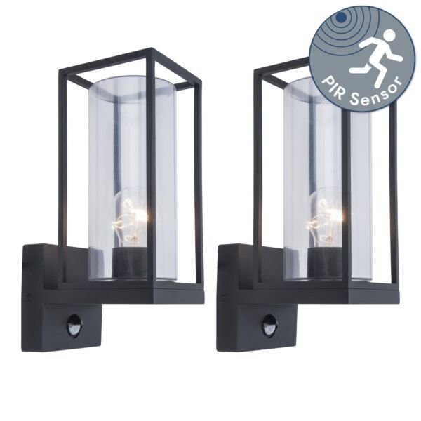 Set of 2 Flair - Black Clear Glass IP44 Outdoor Sensor Wall Lights