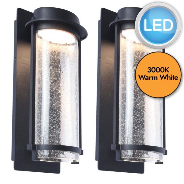 Set of 2 Aquarius - LED Black Clear Seeded Glass IP44 Outdoor Wall Lights