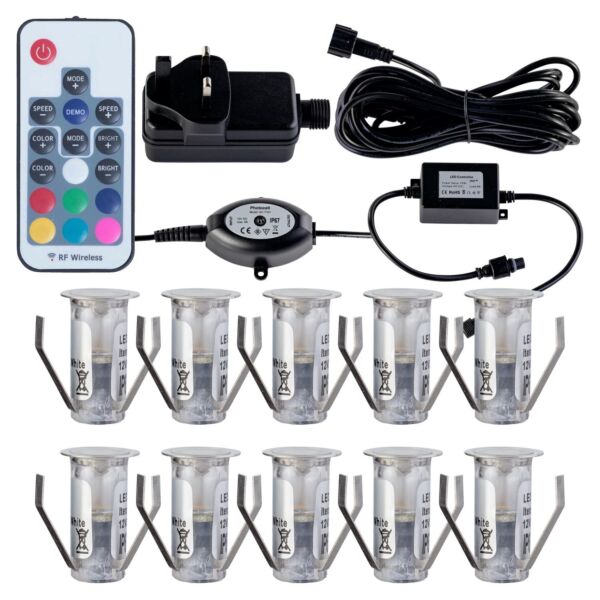 Set of 10 - 15mm IP67 Colour Changing LED Decking Kit with Photocell