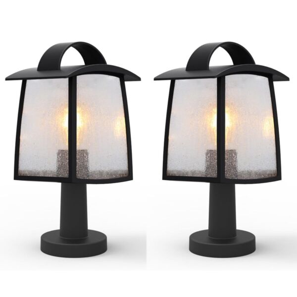 Set of 2 Kelsey - Black Clear Seeded Glass IP44 Outdoor Post Lights