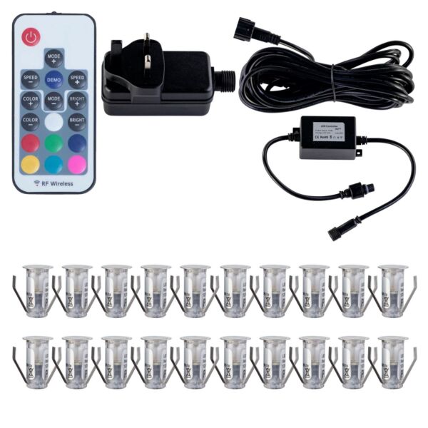 Set of 20 - 15mm Stainless Steel IP67 Colour Changing LED Decking Kit