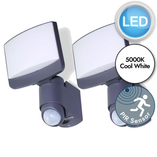 Set of 2 Sunshine - LED Grey Opal IP44 Outdoor Sensor Floodlights