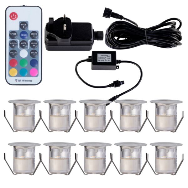 Set of 10 - 30mm Stainless Steel IP67 Colour Changing LED Decking Kit