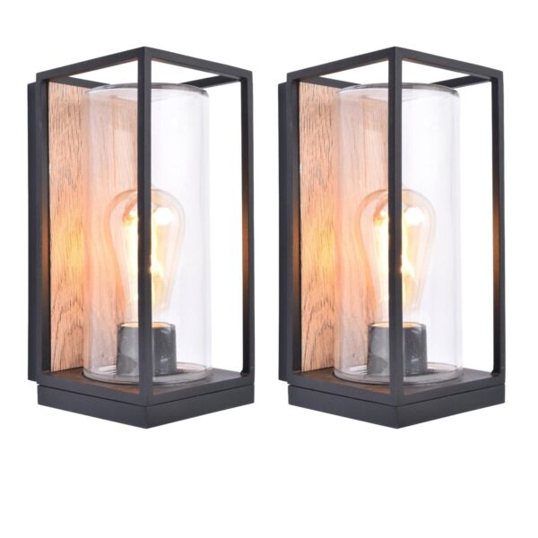 Set of 2 Flair - Wood Effect Clear Glass IP44 Outdoor Wall Lights