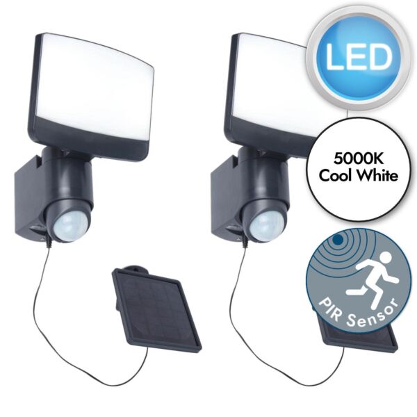 Set of 2 Sunshine - LED Grey Opal IP44 Solar Outdoor Sensor Floodlights