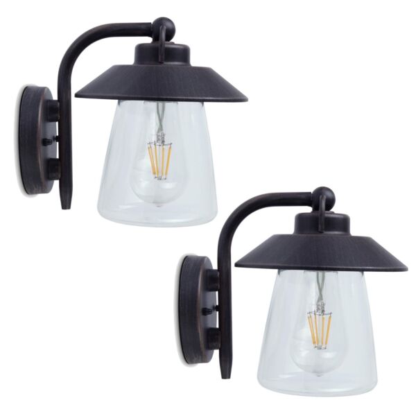 Set of 2 Cate - Rustic Black Clear Glass IP44 Outdoor Wall Lights