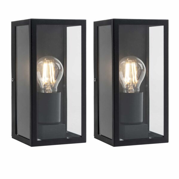 Set of 2 Mansfield - Black with Clear Glass IP44 Outdoor Flush Wall Lights