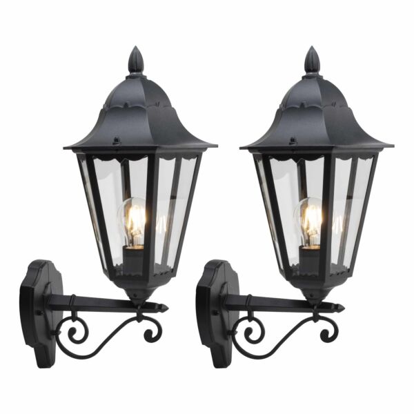 Set of 2 Mansfield - Black with Clear Glass Six Sided Lantern IP44 Outdoor Wall Lights