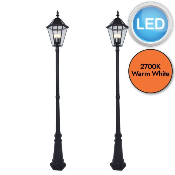 Set of 2 London - LED Black Clear Glass IP44 Solar Outdoor Lamp Posts