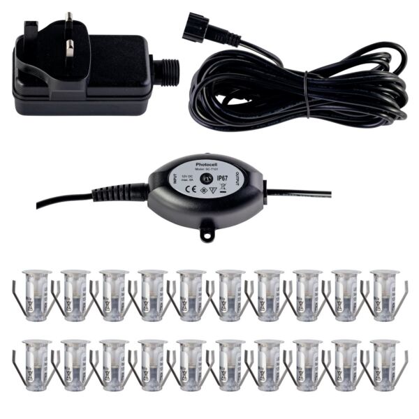 Set of 20 - 15mm IP67 Cool White LED Decking Kit with Photocell