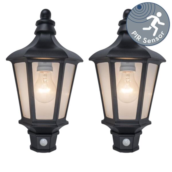 Set of 2 Cotswold PIR - Black Clear Glass IP44 Outdoor Sensor Wall Lights