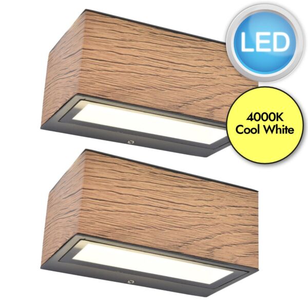 Set of 2 Gemini - 10.5W LED Wood Effect Clear Glass IP54 Outdoor Wall Washer Lights