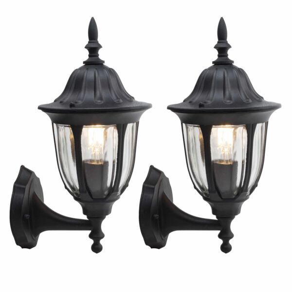 Set of 2 Durham - Black with Clear Glass IP44 Outdoor Lantern Style Wall Lights