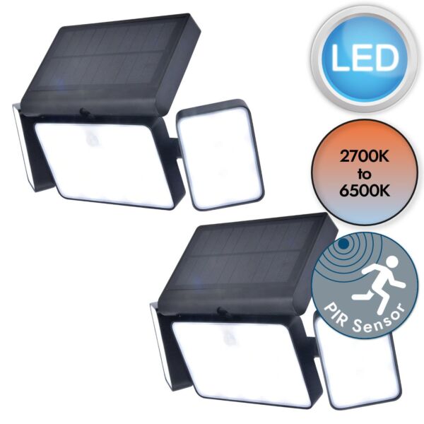 Set of 2 Tuda - LED Black Clear 3 Light IP44 Solar Outdoor Sensor Floodlights