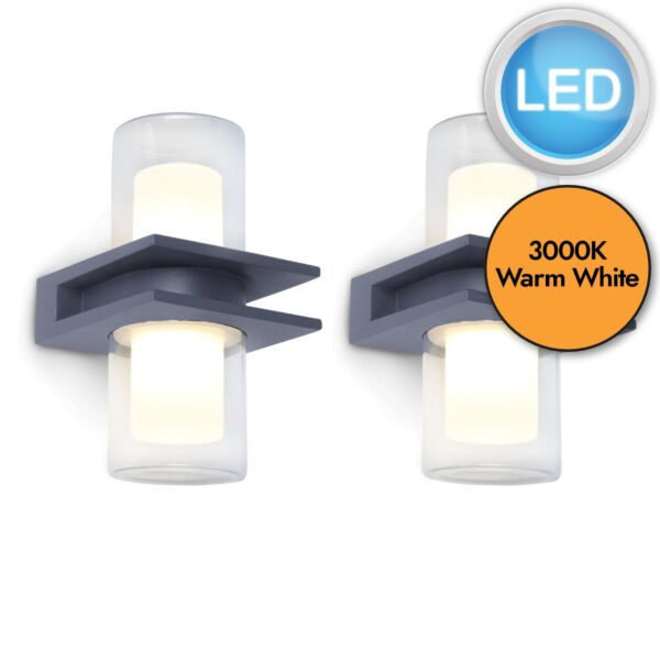 Set of 2 Tango - LED Dark Grey Opal Clear IP54 Outdoor Wall Lights