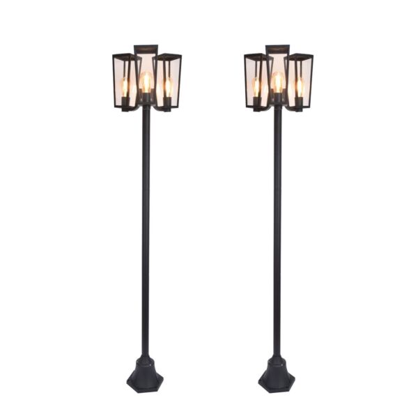 Set of 2 Pine - Black Clear Glass 3 Light IP44 Outdoor Lamp Posts