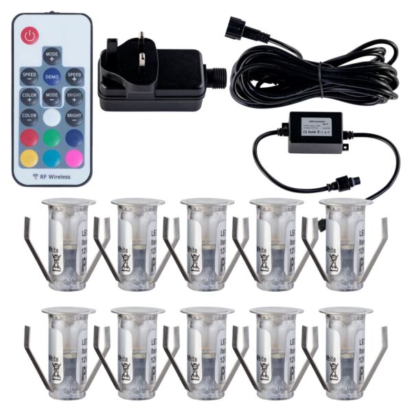 Set of 10 - 15mm Stainless Steel IP67 Colour Changing LED Decking Kit