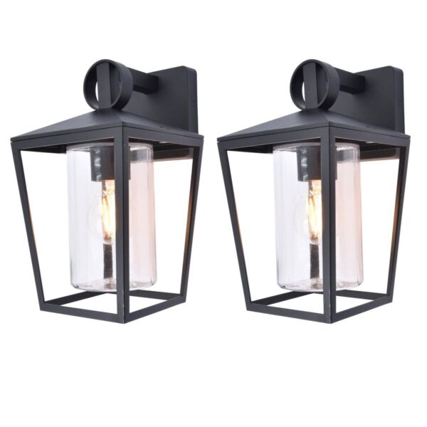 Set of 2 West - Black Clear Glass IP44 Outdoor Wall Lights