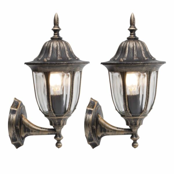 Set of 2 Durham - Black with Brushed Gold IP44 Outdoor Lantern Style Wall Lights