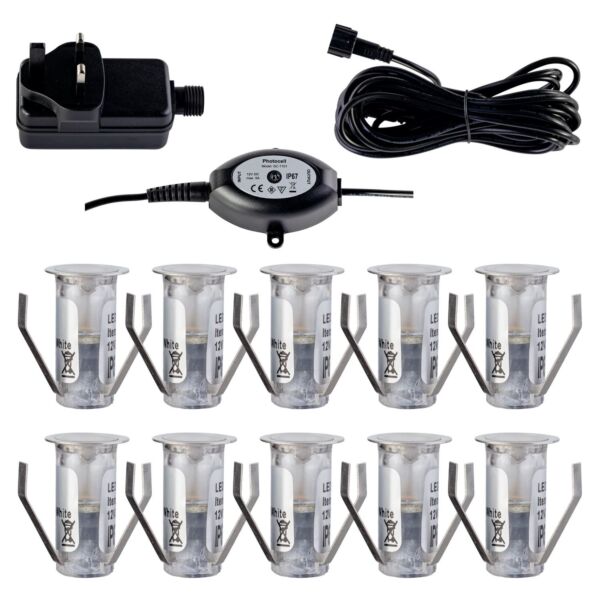 Set of 10 - 15mm IP67 Cool White LED Decking Kit with Photocell