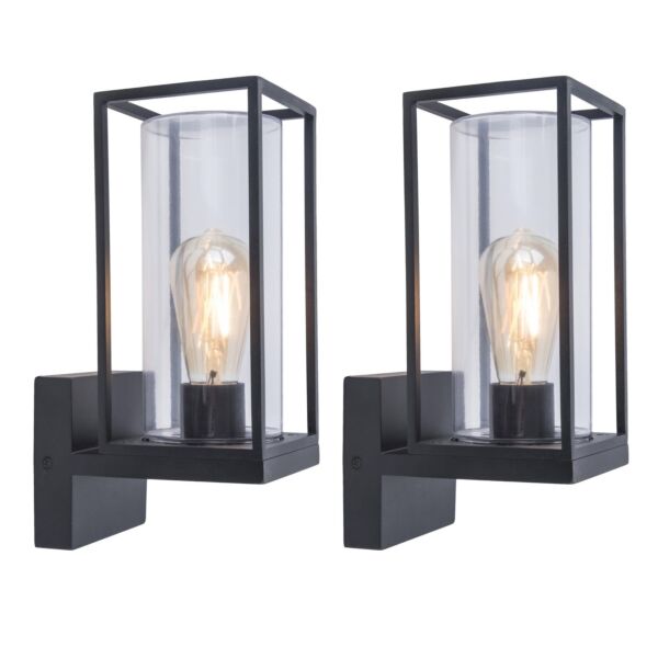 Set of 2 Flair - Black Clear Glass IP44 Outdoor Wall Lights