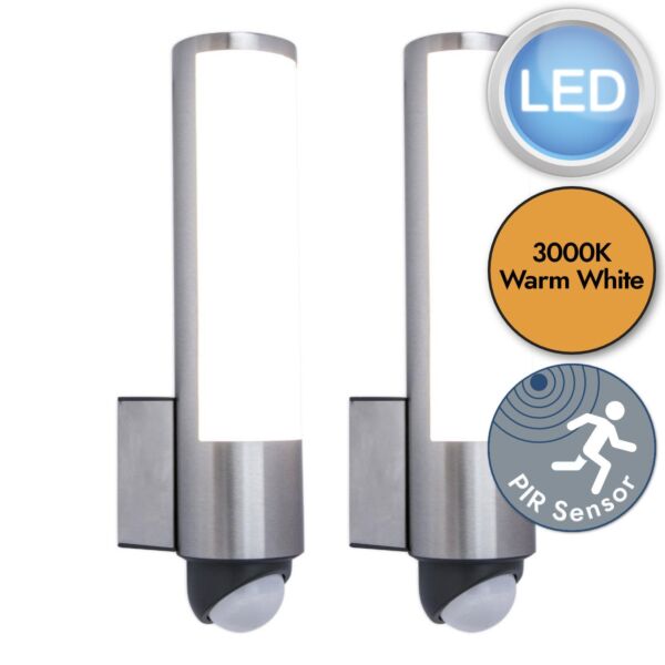 Set of 2 Leda - LED Stainless Steel Opal IP44 Outdoor Sensor Wall Lights