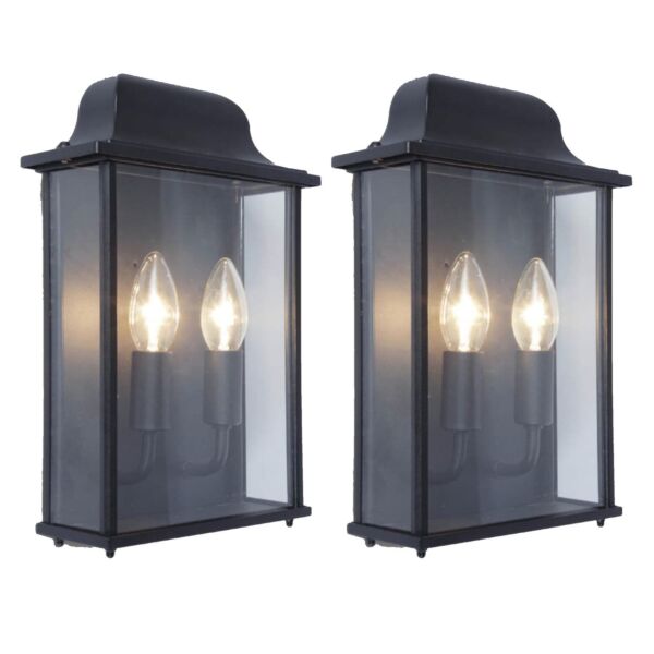 Set of 2 Holly - Black Clear Glass 2 Light IP44 Outdoor Half Lantern Wall Lights