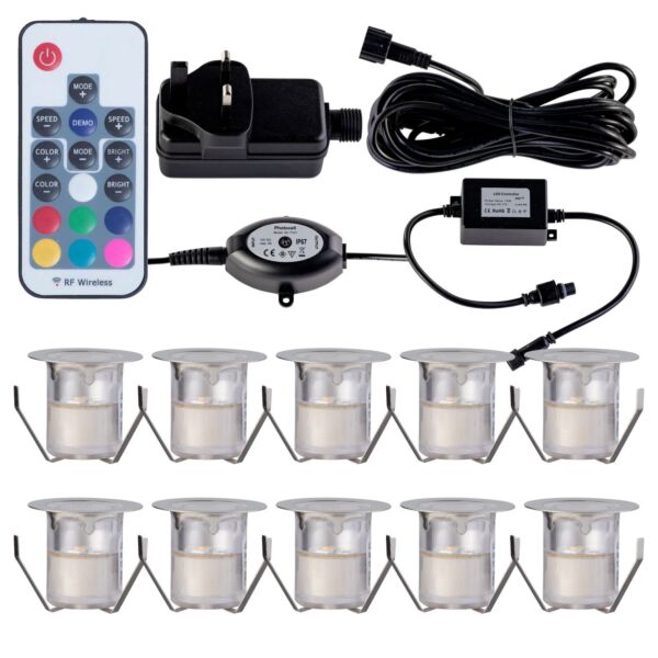 Set of 10 - 30mm IP67 Colour Changing LED Decking Kit with Photocell